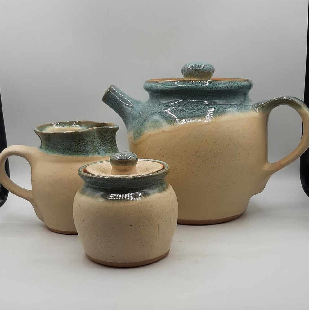 Hutton House Pottery Tea Pot Creamer Sugar Bowl Set With Lids Hand Thrown Glazed